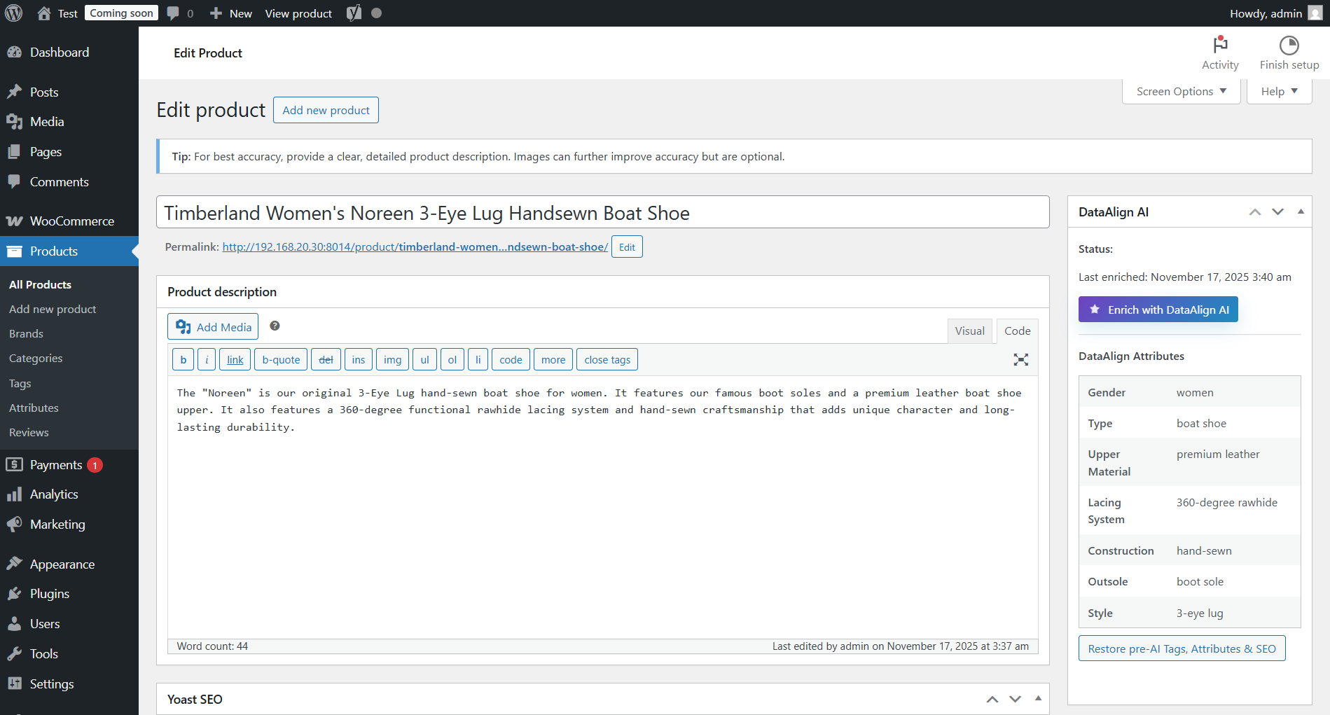 Product edit: DataAlign tags + attributes panel