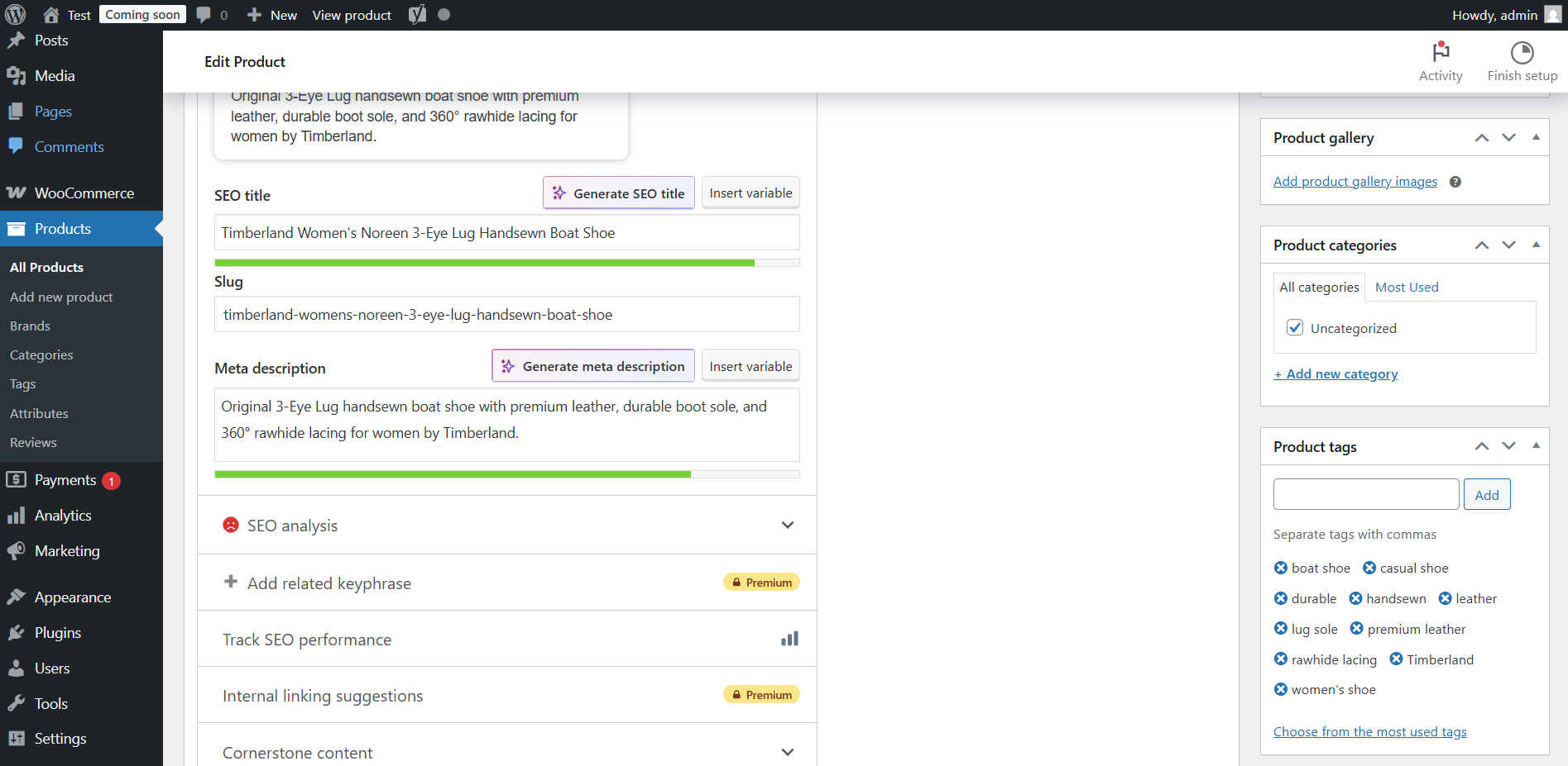 SEO fields: title + meta description